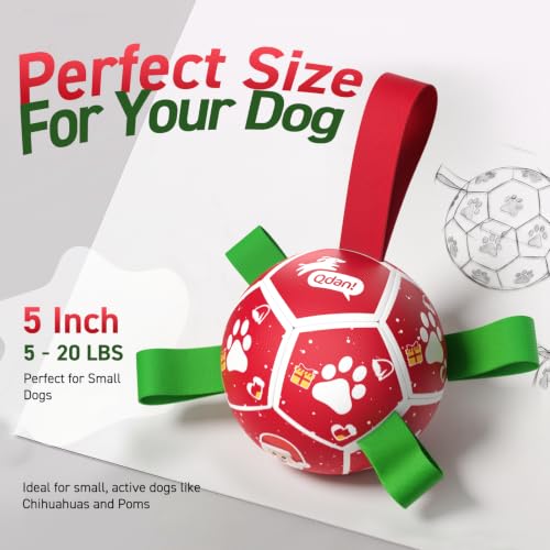 Image of QDAN Small Christmas Dog Toys, Soccer Ball with Straps, Outdoor Interactive Toys for Tug of War, Puppy Birthday Gifts, Water Toy, Durable Dog Balls for Puppy (5 Inch)