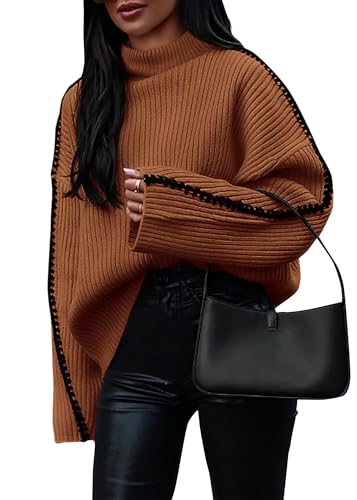KIRUNDO Women's 2024 Fall Mock Neck Long Sleeve Ribbed Knit Contrast Stitching Oversized Chunky Sweater Pullover Top
