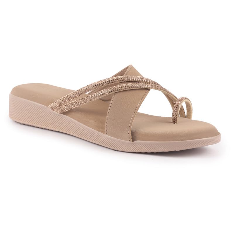 Image of FAUSTO Women Embellished Shimmery Cross Strap Toe Ring Wedding Slip On Slippers | Soft Cushioned Footbed Wedge Sandals | Party, Mehndi, Festive