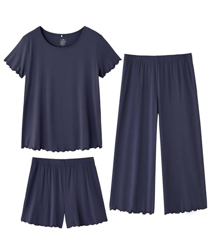 Image of WiWi 3 PCS Pajamas for Women Set Short Sleeve Pajama Sets Capri and Shorts Pj Sets Super Soft Cooling Sleepwear S-XXL