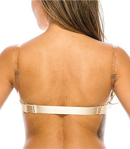 Ted Noah Transparent Clear Invisible Removable Shoulder Straps & Back Strap Plunge Bra(Beige, 36B) #TOP4