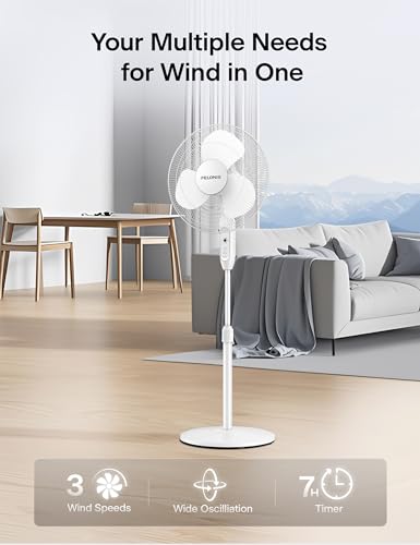 Image of PELONIS 16'' Pedestal Fan for Bedoom with Remote, Upgraded, Standing Fan with 7-Hour Timer, 90 Oscillation, 3-Speeds, Adjustable Height, Electric Cooling Fans for Living Room and Office