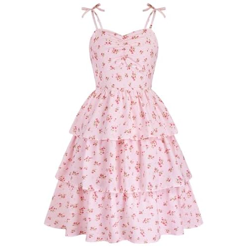 HOZIY Girls Summer Dress Teen Spaghetti Strap Ruched Sweetheart Short Dresses Kids Junior Ruffle Tiered Sundresses 7-16 Years 13-14 Years Pink Floral