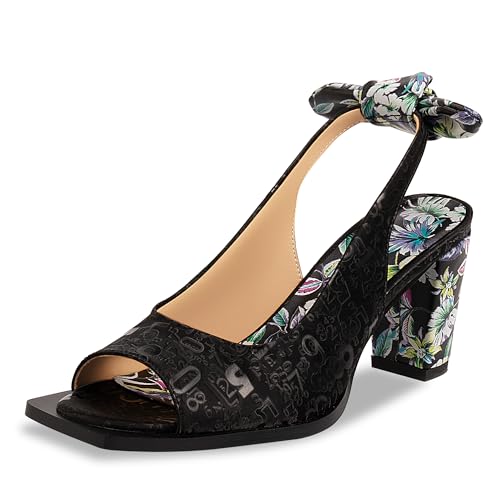 Women's Floral Print Chunky High Heel Peep-Toe Strappy Sandals Slingbacks Bow Summer Footwear Pumps Shoes