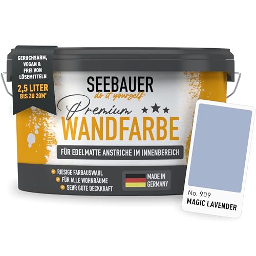 SEEBAUER diy Wandfarbe Lila 2,5L für Innen (No. 909 Magic Lavender) Edelmatte Innenfarbe Lavendel - Violetttöne sehr hohe Deckkraft - Matt, Abwaschbar und Tropffrei