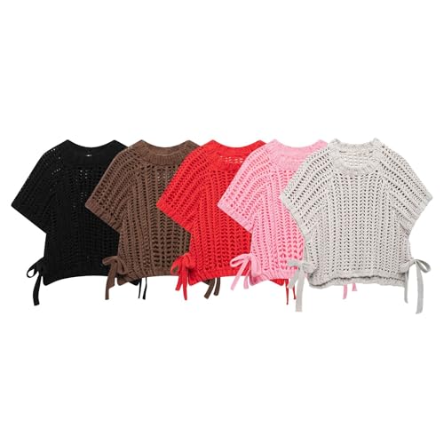 Women Summer Crochet Sweater Vest Side Bow Tie Hollow Out Sweater Short Sleeve Crewneck Pullover Tops2