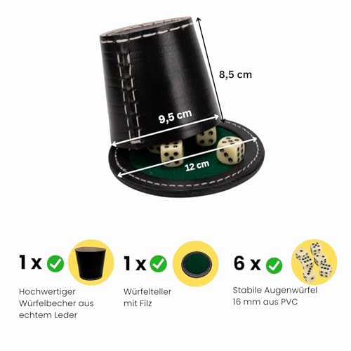 GICO Qualitäts Würfelbecher groß (echt Leder) XL schwarz mit Deckel 12 cm/Würfelteller und 6 Würfeln - 5901