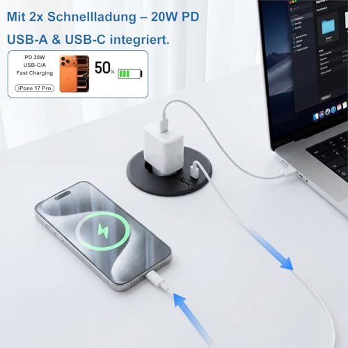 Prise encastrable plan de travail 80mm Dinolink avec USB C et câble de 2m pour bureau noir