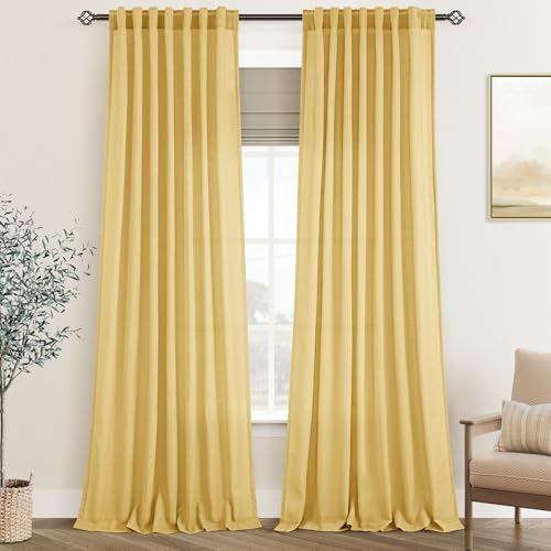 Gold Curtains for Living Room Back Tab Modern Farmhouse Semi Sheer Curtains 108 inches Long 2 Panels Set Muted Neutral Window Curtain for Dining Room Bedroom 52x108