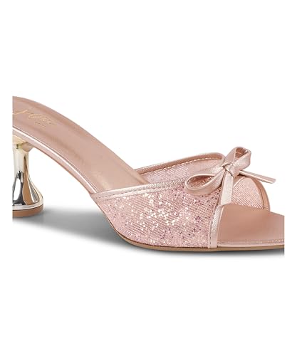 Image of JM LOOKS Women's Kitten Mules Heels Glitter Sparkle Heel with Bow Open Pointed Toe Stiletto Low Heels Party Dress Slip On Backless Sandals