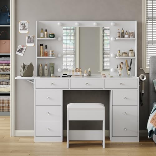 Yanosaku Vanity Desk & Power Outlet, Makeup Vanity with Mirror and 10 LED Lights, 3 Lighting Modes Brightness Adjustable, Makeup Table with 4 Shelves and Fold-up Panel, Vanity Set for Bedroom, White