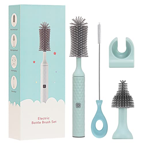 Image of soarup90000 Electric Bottle Brush Set with Electric Silicone Baby Bottle Brush, Nipple Brush,Straw Cleaner Brush, Rechargeable&Waterproof Water Bottle Cleaner Brush, Perfect, Blue