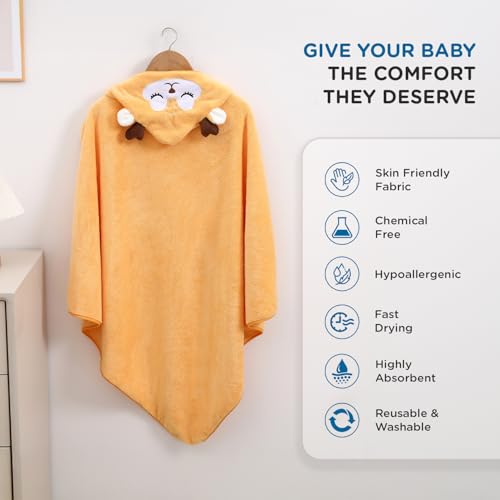 Image of Mee Mee Hooded Baby Bath Towel for New Born | Wash Cloth, Quick Absorbent, Can be Used for Baby Swaddling, Extra Soft Cotton Towels for Kids /Toddlers /Infants /Babies, Pack of 1, (Orange Sheep) 80X80 CM