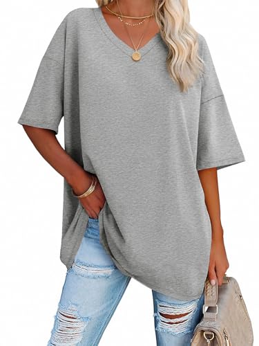 Image of ATHMILE Womens Oversized Shirts V Neck Plus Size Spring Workout Summer Tops Beach Vacation 2026 Gym Clothes Basic Tee