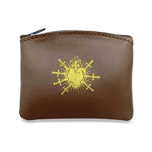 Seven Sorrows Rosary Pouch Genuine Leather with Zipper - Brown
