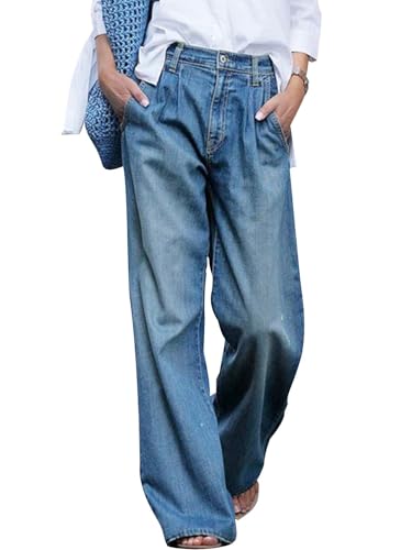High Waist Jeans Women's Blue Washed Denim Wide Leg Pants Fashion Casual Street Pleated Clothing Ladies Pants