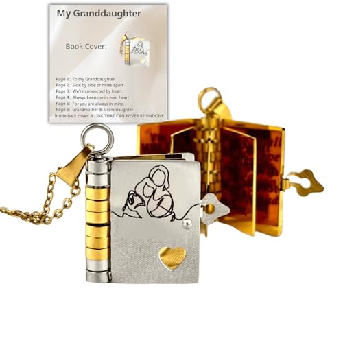 For Granddaughter - A Link That Can Never Be Undone Book Necklace, Personalized Openable Book Granddaughter Necklace, with 6 Pages of Engraved Information, Granddaughter Gifts from Grandma