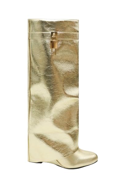 Lemonade Womens Fold Over Padlock Detail Wedge Heel Knee High Long Boot