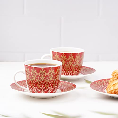 Image of Dandy Lines Premium Royal Cups and Saucers Set of 12 Red with Pure Gold - Luxury Tea Cups with Saucer - Cup and Saucer Set - Pack of 12 - Ideal for Tea Parties - Elegant Design - Durability and Style