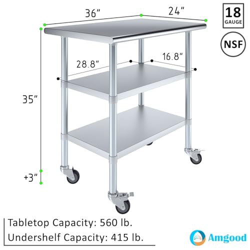 Image of AmGood Stainless Steel Work Table with 2 Shelves and Casters | Metal Utility Table On Wheels (Stainless Steel Work Table with 2 Shelves + Casters, 36 inch Long x 24 inch Deep)