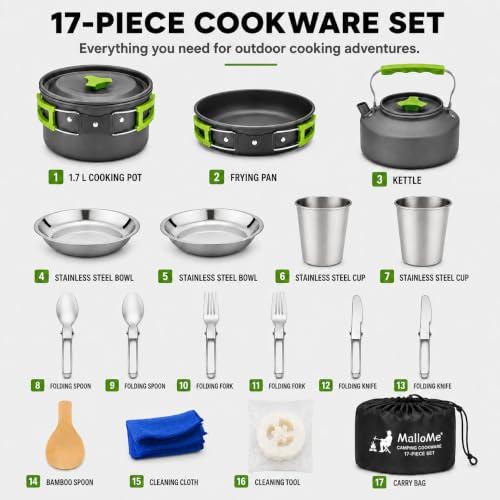 MalloMe Camping Cookware Mess Kit for Backpacking Gear – Camping Cooking Set - Camping Pots and Pans Set - Backpacking Stove/Portable Stove Compatible - Camp Kitchen Equipment Accessories Pot - Image 5