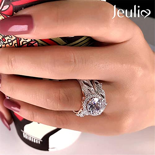 Jeulia 4 Carat Leaf Rings For Women 925 Sterling Silver 18 K Rose Gold Plated Round Cut Engagement Ring Set White Diamond Halo Cubic Zirconia Wedding Band Cz Solitaire Anniversary Promise Rings (7) #TOP3