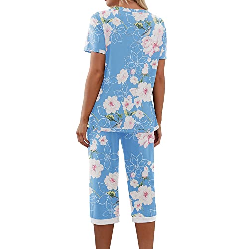 Ctreela Floral V-Neck T Shirt And Capri Pants 2 Piece Pajamas Set Summer Short Sleeve Sleepwear Pjs Lounge Sets #TOP5