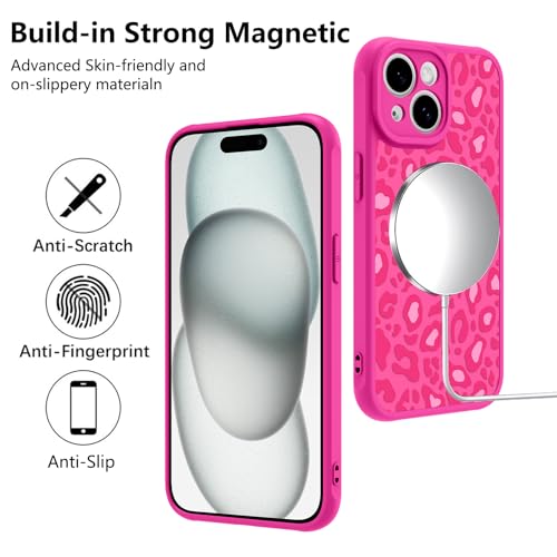 Image of KANGHAR Case for iPhone 15 Hot Pink Leopard Printed Pattern | Cute Cheetah [Compatible with Magsafe] Protective Magnetic Case for Girls Women 6.1 inch