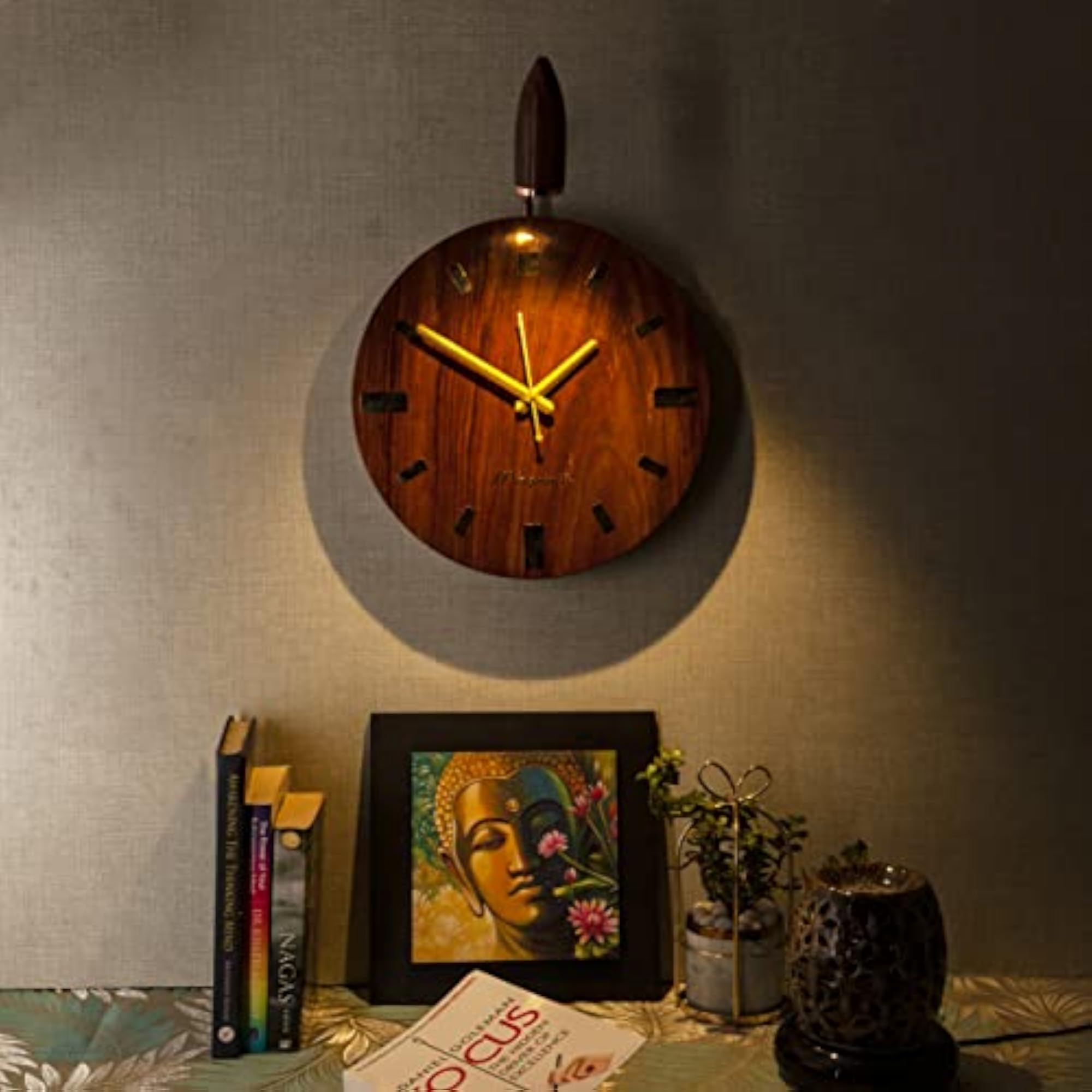 Handmade Sheesham Wood Unique Wall Clock with Spotlight