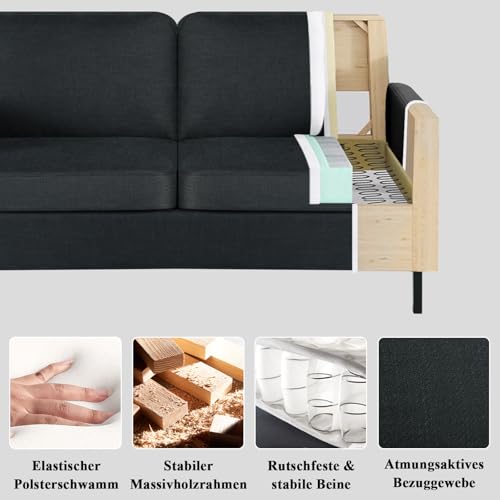 GRAVFORCE Sofa 2 Sitzer mit 2 Ladeports und Seitentasche, Klein Couch 143cm Cloudserie Gemütliches für Jugendzimmer Wohnung Wohnzimmer Büro Couch aus Holz (Stoff, Dunkelgrau, Sofa)