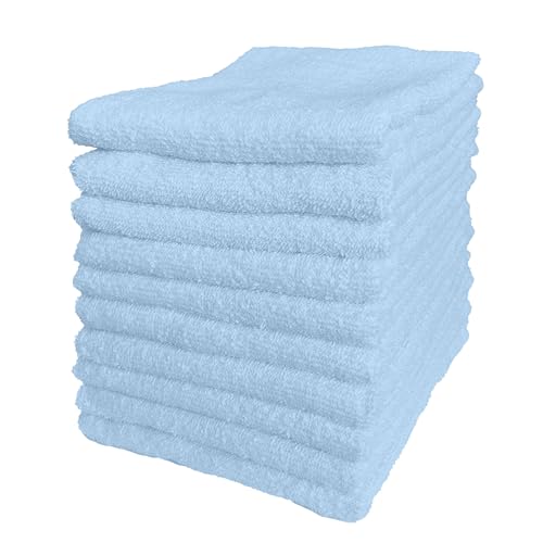 【吸水性 ソフトタッチ】 フェイスタオル 10枚セット まとめ買い 薄手 白 綿 カラータオル 無地 タオル 長持ち 丈夫 贈答用 粗品 名刺ポケット付き トーマセンイ 3002 (サックス)