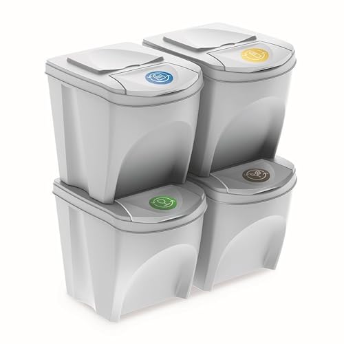 Set de 4 Cubos de Basura KEDEN SORTIBOX Papelera Reciclaje, Blanco, Volumen 4x25L
