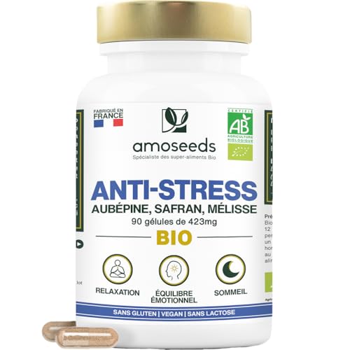 Anti-stress BIO | Aubépine, Safran, Mélisse | Équilibre Émotionnel, Relaxation, Réduit la Tension Nerveuse | 90 gélules de 423mg | Fabriqué en France | Qualité...