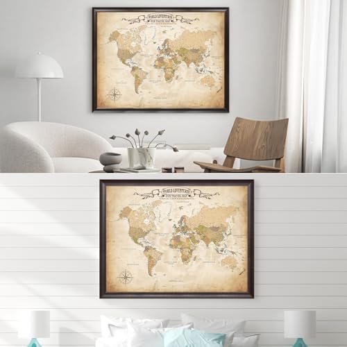 Image of DECORARTS - Oversized Personalized World Travel Map with Pins, Custom Name, Pin Board Canvas Wall Art, Antique Old World Decor, Optional Wood Frame, Giclee Print, Handcrafted in USA, 40x30''