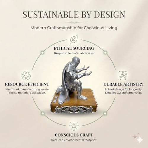 Image of Knight Pen Holder Sculpture Eco PLA Water Resistant Scratch Resistant Desk Organizer 5x4x3 Inches Satin Silk Metallic Finish Medieval Armour Decorative Tool Stand (Sacred Silver - Teak Wood)