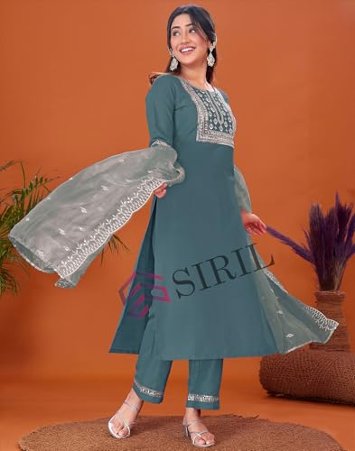 Image of SIRIL Women's Cotton Blend Sequence Embroidery Straight Kurta Pant with Dupatta Set