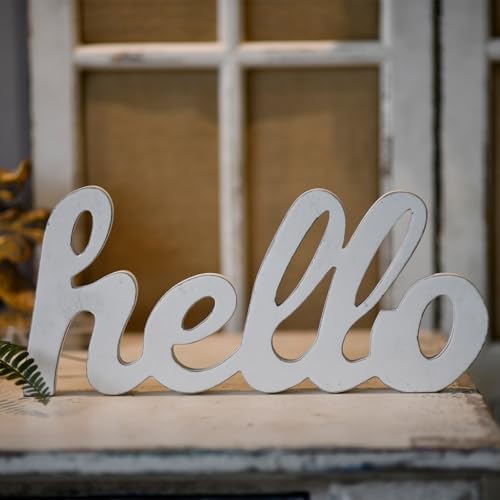 Rustic Distressed White Wooden Hello Sign for Home Decor 14",