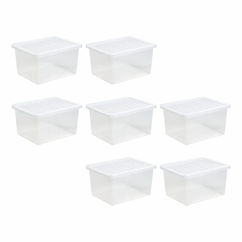JMS we create smile [Set of 7 x 37 Litre Plastic Clear Crystal Storage Boxes & Lids Home Office & Garage Stackable, Nestable Made in UK.