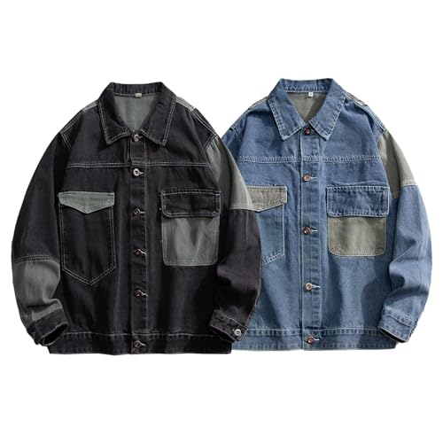 GURUNVANI Patchwork Denim Jacket Mens Oversized Jean Coat Button Down Outwear Tops3