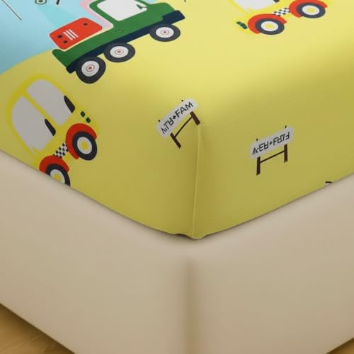 Image of Filymore Kids Car Print Fitted Bedsheet Double Bed | 240 TC Microfiber | 72x72 inches | 1 Bedsheet + 2 Pillow Covers | Lemon & Sky Blue
