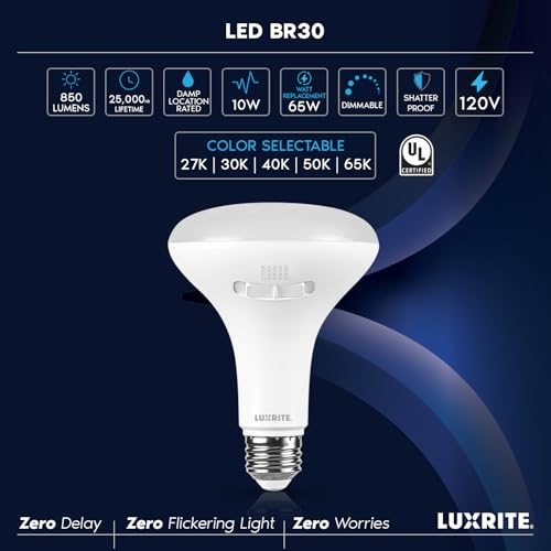 LUXRITE BR30 LED Light Bulb, 10W (65 Watt Equivalent), 5CCT 2700K 3000K 4000K 5000K 6500K, CRI 90, Dimmable, 850 Lumens, LED Flood Light Bulb, UL Listed, E26 Medium Base (12 Pack) by LUXRITE - Image 7