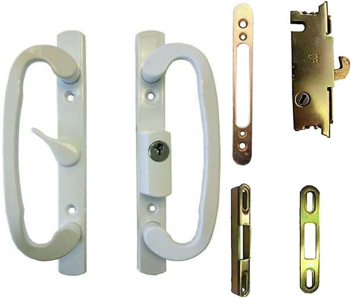 Sliding Glass Patio Door Handle Kit with Mortise Lock, Face Plate and Keepers, A-Position, White, Keyed