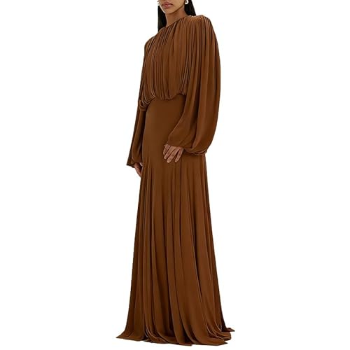 Image of SHILLUU Women Dress Spring Summer Elegant Pleated Long Sleeve Dress Formal Party Evening Gown(Brown,Small)