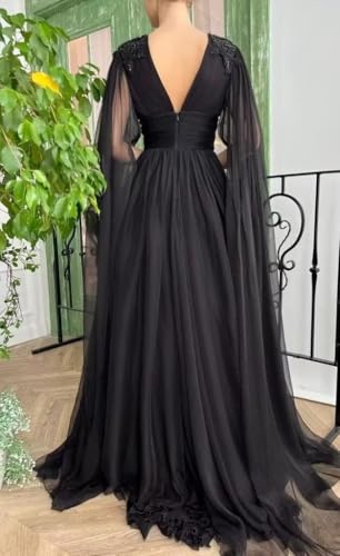 Women's Tulle Prom Dresses with Cape V Neck Lace Applique Ball Gowns Long Slit Formal Evening Dresses with Pockets4