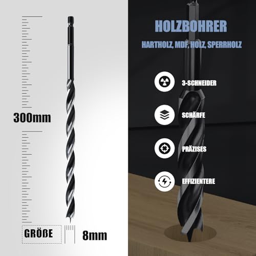 MOXPIFY 3tlg 8x300mm Holzbohrer Holzschlangenbohrer für Weichholz, Hartholz mit Zentrierspitze und E 6.35 Schaft
