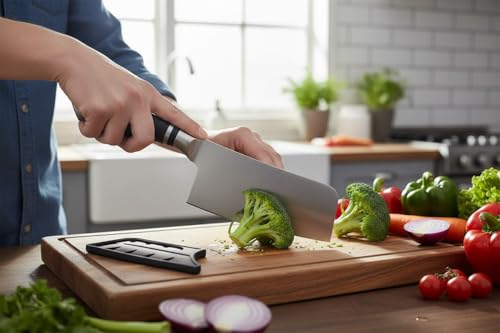 Image of Professional Japanese Chef Knife with Hammered Damascus Steel Blade, Wooden Handle, Premium Kitchen Cutlery, Leather Sheath Included (Cleaver Knife)