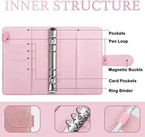 Anahimus Budget Binder, A6 PU Leather Savings Binder with 8Pcs Zipper Envelopes,12Pcs Expense Budget Sheets & 2 Types of Sticker Labels,Money Organizer Binder for Cash ,Glitter Rose