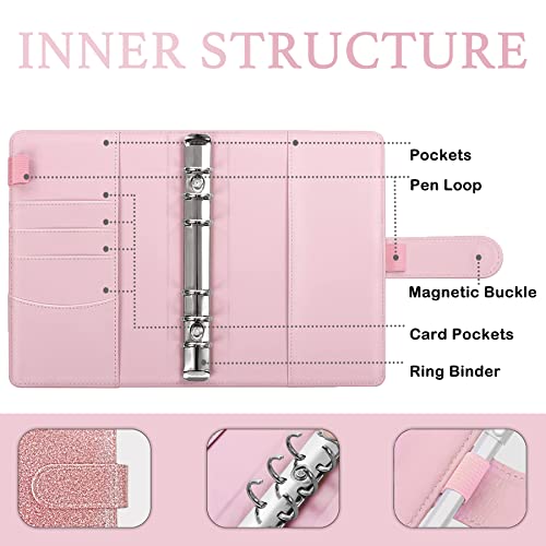 Anahimus Budget Binder, A6 Pu Leather Savings Binder With 8Pcs Zipper Envelopes,12Pcs Expense Budget Sheets & 2 Types Of Sticker Labels,Money Organizer Binder For Cash ,Glitter Rose #TOP2