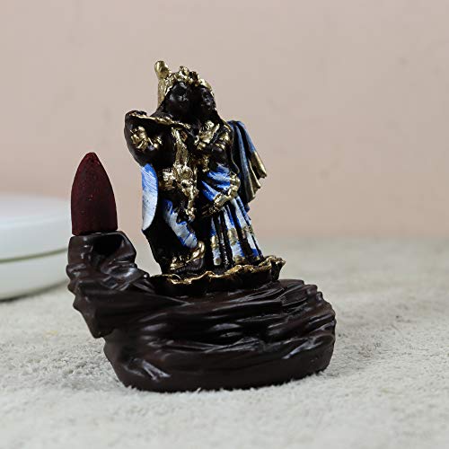 Image of CRAFTAM Polyresin Smoke Backflow Fountain Like Waterfall Radha Krishna Incense Holder Decorative Showpiece Gift with Free 10 Scented Cone Incenses (Blue)