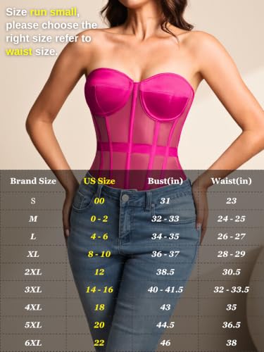 Image of Kaei&Shi Sheer Mesh Overbust Corset,Sexy Strapless Lace Up Satin Bra Corsets Top For Women Shapewear